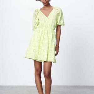Zara Openwork Embroidered Dress in Lime XS NWT